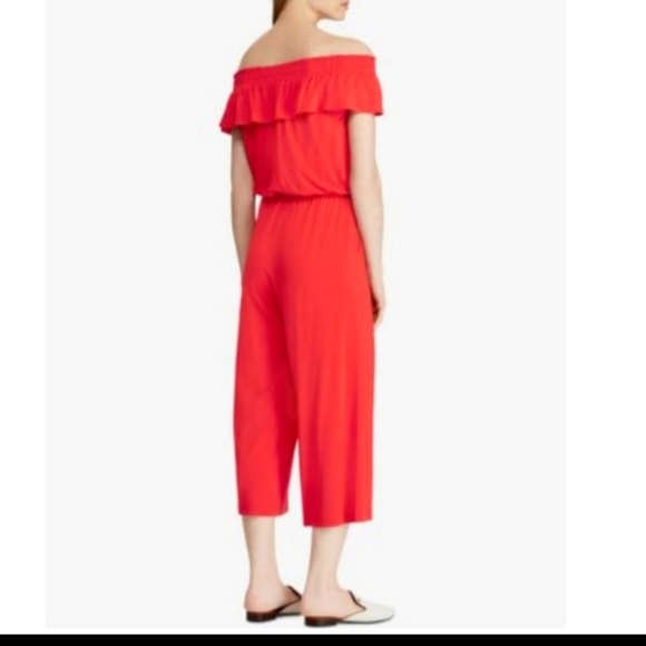 RALPH LAUREN Lauren Off The Shoulder Red Cropped Jumpsuit Medium Spring Rare - Picture 3 of 9